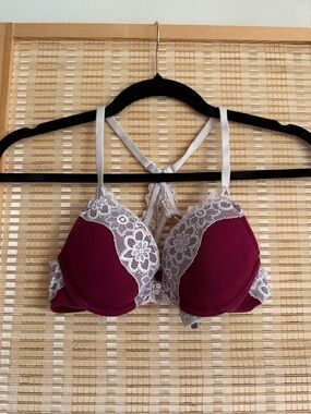 Aerie Lace Trim Push-Up Bra - Burgundy and White